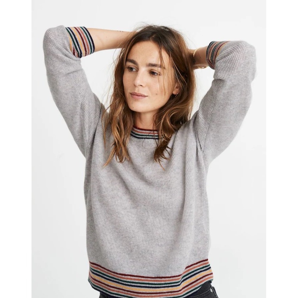 Madewell 100% Cashmere Rainbow Trim Waffle Knit‎ Sweater Grey XXS
